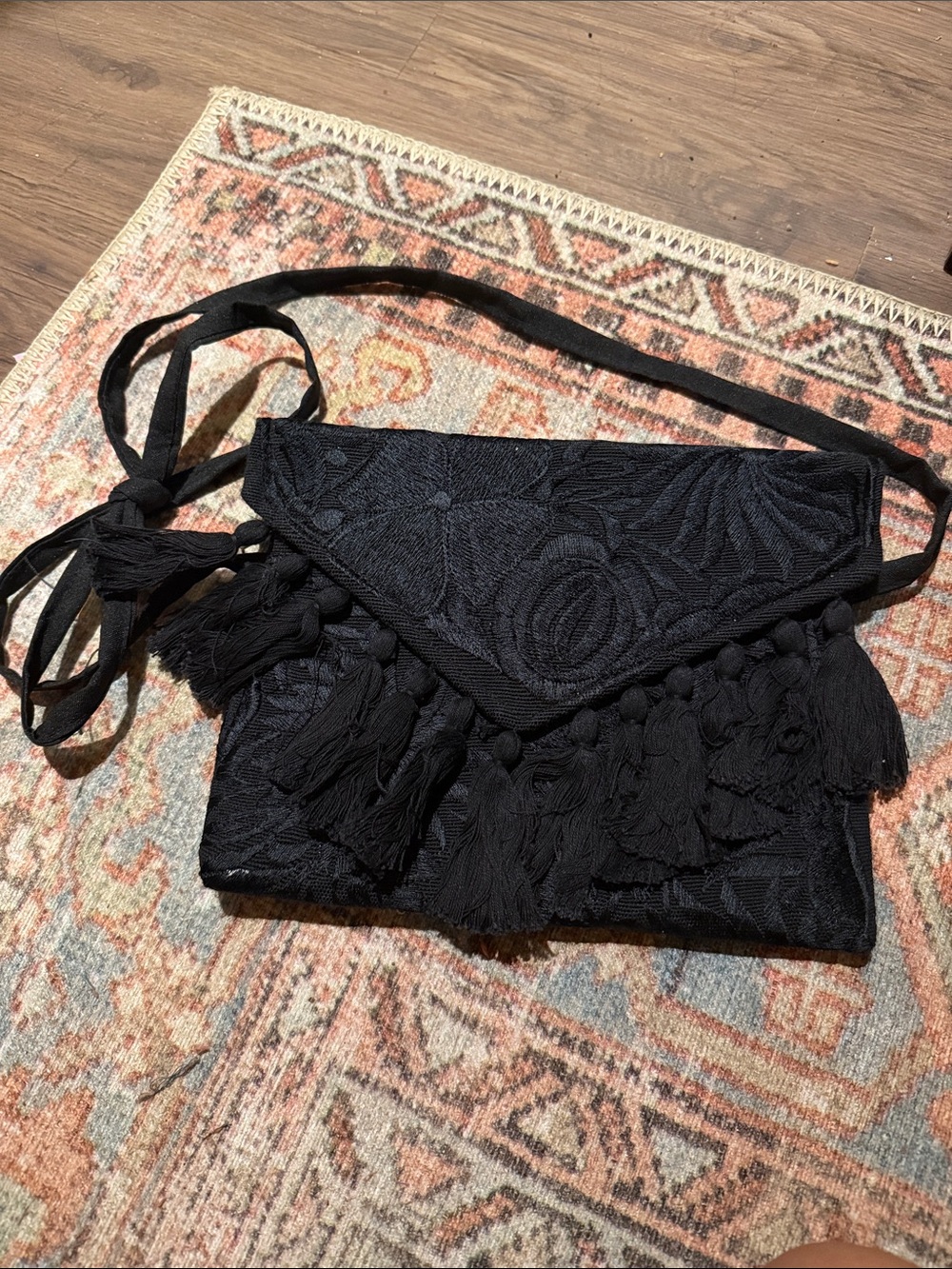 Black Tassel Embroidered Crossbody Clutch - Women